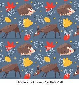 Seamless autumn vector pattern with leaves, acorns, deer, hedgehog