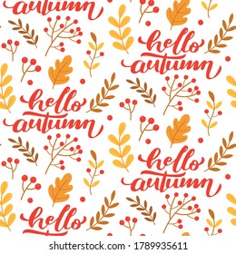 Seamless autumn vector pattern with leaves, berry