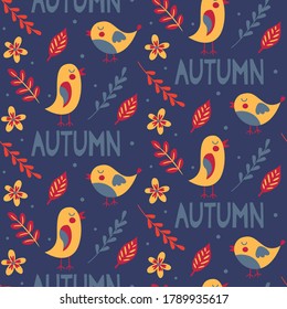 Seamless autumn vector pattern with leaves, acorn, cat, bird, flower