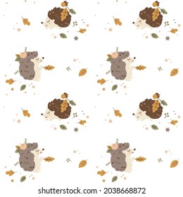 Seamless autumn vector pattern with leaves and cute hedgehogs. Vector illustration. Print for children textile or nursery