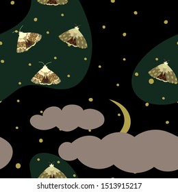 Seamless autumn vector pattern with moths on the  night sky. Pattern with mood of night forest . Autumn abstract background for dresses,textiles, wallpapers, designer paper, etc