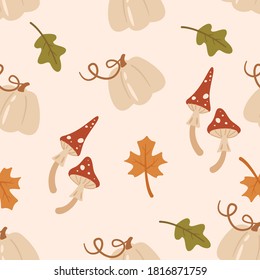 Seamless autumn vector pattern of mushrooms, oak and maple leaves in pastel colors. Square repeating design for fabric, textile, wrapping paper. Colorful Seamless Pattern, Wallpaper, Background