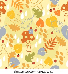 Patrón vectorial de otoño sin foco con hongos, hojas y bayas. Papel pintado de dibujos animados coloridos con hojas caídas.