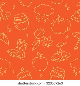 Seamless autumn vector pattern on orange background, painted by hand.