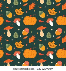 Seamless autumn vector pattern with pumpkins, mushrooms, leaves, acorns, leaf. Fall season illustration for wrapping paper, textile, background, wallpaper 