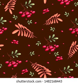 Seamless autumn vector pattern with red viburnum and autumn leaves on a chocolate background. Ethnic style, hand drawing.