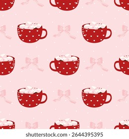 Seamless autumn vector pattern with tea, cocoa, and coffee mugs in cozy colors. Perfect for seasonal textiles, wrapping paper, and warm drink designs.