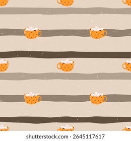 Seamless autumn vector pattern with tea, cocoa, and coffee mugs in cozy colors. Perfect for seasonal textiles, wrapping paper, and warm drink designs.