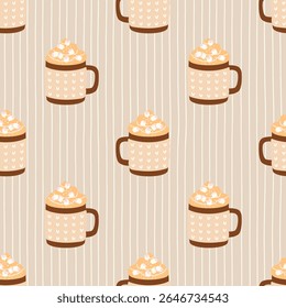 Seamless autumn vector pattern with tea, cocoa, and coffee mugs in cozy colors. Perfect for seasonal textiles, wrapping paper, and warm drink designs.