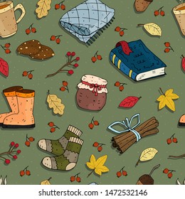 Seamless  autumn vector pattern with theme elements on a neutral background.