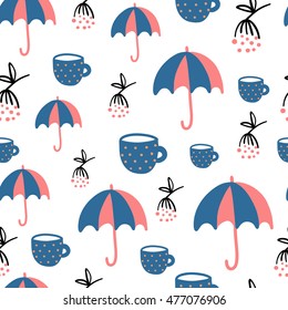 Seamless autumn vector pattern with umbrella and mug. Hand drawn color background.