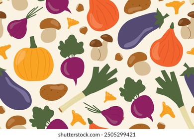 seamless autumn vegetable and mushroom pattern: chanterelles, boletus, pumpkin, leek, red onion, potato, hazelnut, beetroot- vector illustration