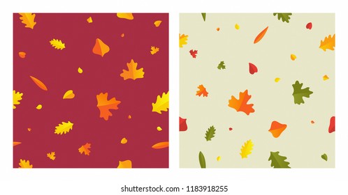 Seamless autumn wallpaper pattern template set. Creative colorful leaves on light and dark background.