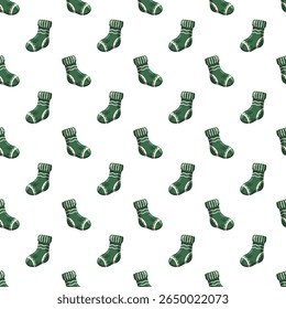 Padrão contínuo de outono e inverno com meias de malha verde sobre fundo branco. Design de papel digital vetorial de desenhos animados 