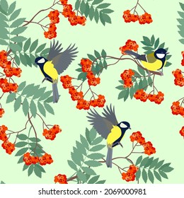 Seamless autumn and winter pattern with titmouse and rowan branches on a light background. For decoration textile, packaging, wallpaper, paper.