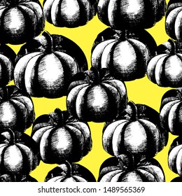 Seamless autumnal background with pumpkin, fields, hand draws with ink. Large pumpkins of different shapes, pumpkin liner in vintage style. Isolated design for wallpaper, textile, halloween