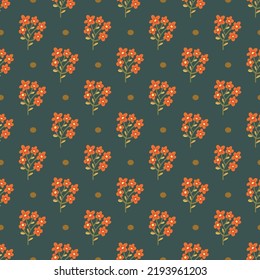 Seamless autumnal floral vector pattern with red and orange flowers on green background for textile and wrapping paper