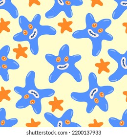 Seamless autumnal halloween monster vector pattern with blue cartoon star with smyling faces on pale yellow background for kids textile apparel and gift or wrapping paper