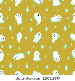 Patrón vectorial de la fiesta de halloween otoñal sin foco con monstruos voladores blancos con caras graciosas sobre el fondo amarillo para ropa infantil y regalo o papel de envoltura.