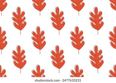 Seamless Autumnal Leaves pattern. Autumn oak leaves in orange color. Vector illustration in doodle style. Repeated Vector flat repeated background for wallpaper, wrapping, packing, textile