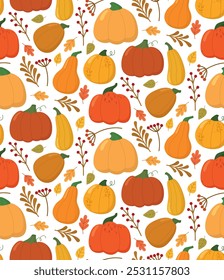 Seamless autumnal pattern with cute pumpkins, leaves and branches. Colorful cozy fall background	