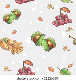 Seamless autumnal pattern with the image of chestnuts and acorns rowan berries