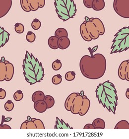 Nahtlose Herbst-Vektorgrafik mit Äpfeln, Kürbissen, Blättern und Beeren