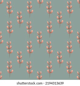 Seamless autumnal vector pattern with dru leaves branches on pale grey green background for surface design or wrapping and gift paper