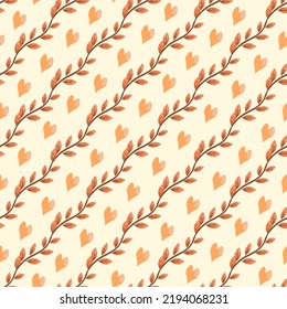 Seamless autumnal vector pattern with flower branches with hearts in pale brown and yellow for textile and wrapping paper