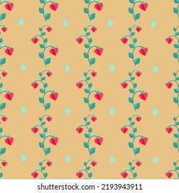 Seamless autumnal vector pattern with green branches and red flowers and hearts. Simple textile design for wrapping or gift paper.