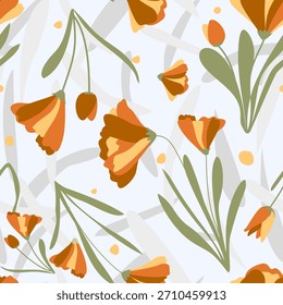 Seamless autumn-inspired floral pattern featuring warm orange blossoms and soft green foliage on white background.