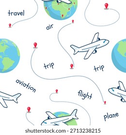 Patrón de aviación sin fisuras con aviones, globos, rutas de vuelo punteadas y pines de ubicación. Perfecto para diseños de viajes, embalaje, productos para niños, impresiones textiles y fondos de Vector modernos.