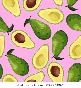 Seamless avocado background. Halves and whole fruits on a pink background. Vector illustration for design and web.