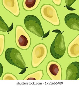 Seamless avocado background. A whole avocado with a leaf and halves on a light green background. Healthy and delicious food. Vector illustration isolated for design and web.