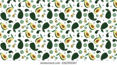 Seamless avocado flat style pattern. Half and whole fruit with leaf vector flat illustration. Fresh and tasty vegetarian concept. Endless background for textile, poster, clothes, banner, table cover.