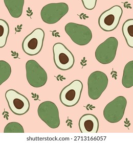 Aguacate sin fisuras y patrón de hojas sobre fondo rosa pastel, diseño de superficie textil