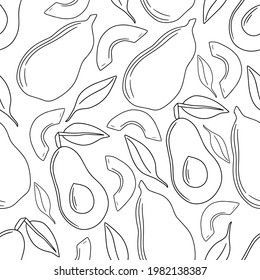 Seamless avocado pattern, exotic fruit, summer tropical fruit set, network vector illustration,white background, flat icon, single lines, doodle graphics, pattern graphics