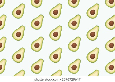 Seamless avocado pattern featuring fresh green avocado halves with brown seeds on a light background. Ideal for food packaging, textiles, and digital designs.