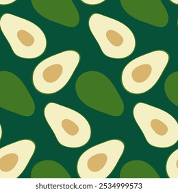 Seamless Avocado Pattern - Fresh Green Avocado Halves and Whole on Dark Background