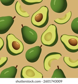 Seamless avocado pattern on beige background. Green avocado with brown seed vector. Modern avocado art, fresh and vibrant image.