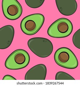 Patrón de aguacate sin foco en un fondo de rosa. Patrón vectorial. Patrón de aguacate para papel, carteles, cuadernos, postales, fondos. Uzr comida saludable.