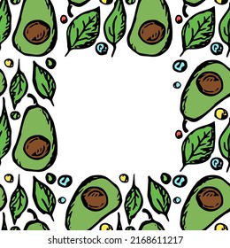Seamless avocado pattern with place for text. Colored avocado background. Doodle vector illustration with fruits