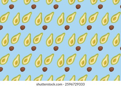 Seamless avocado pattern with scattered seeds on a light blue background. Great for textiles, wallpapers, packaging, and food-related designs. Fresh and organic vibe.
