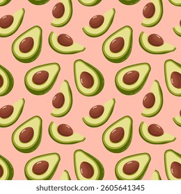 Seamless avocado pattern Sliced avocado halves with seeds. Fruit for healthy eating. Vector template on isolated background for packaging, banner and textiles