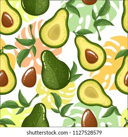 Seamless avocado pattern, avocado slices, exotic monster leaves on a white background. Print, texture, healthy eating