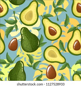 Seamless avocado pattern, avocado slices, exotic monster leaves on a blue background. Print, texture, healthy eating