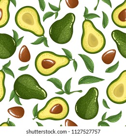 Seamless avocado pattern, avocado slices, leaves on white background. Print, texture, healthy eating