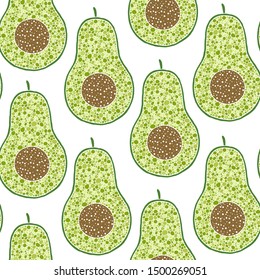 Seamless avocado pattern, avocado slices, leaves on white background. Print, texture, healthy eating