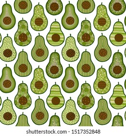 Seamless avocado pattern, avocado slices, leaves on white background. Print, texture, healthy eating