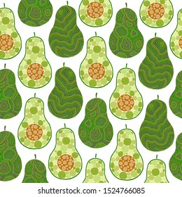 Seamless avocado pattern, avocado slices, leaves on white background. Print, texture, healthy eating